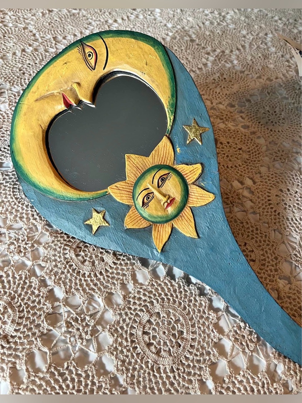 Handcrafted 90s Sun & Moon Celestial Handheld Mirror – Hand Carved and Painted